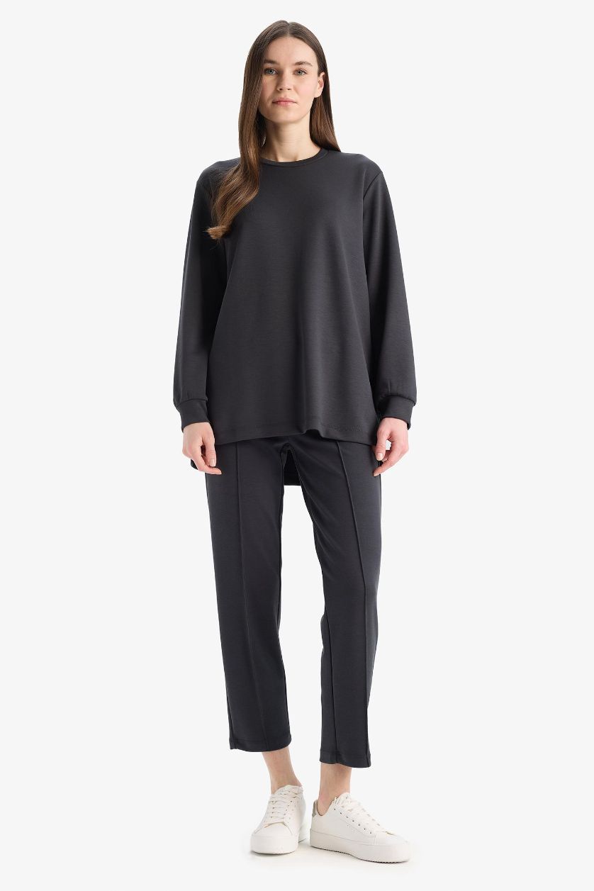 Kadın Antrasit Regular Fit Beli Lastikli Cepli Basic Düz Pantolon