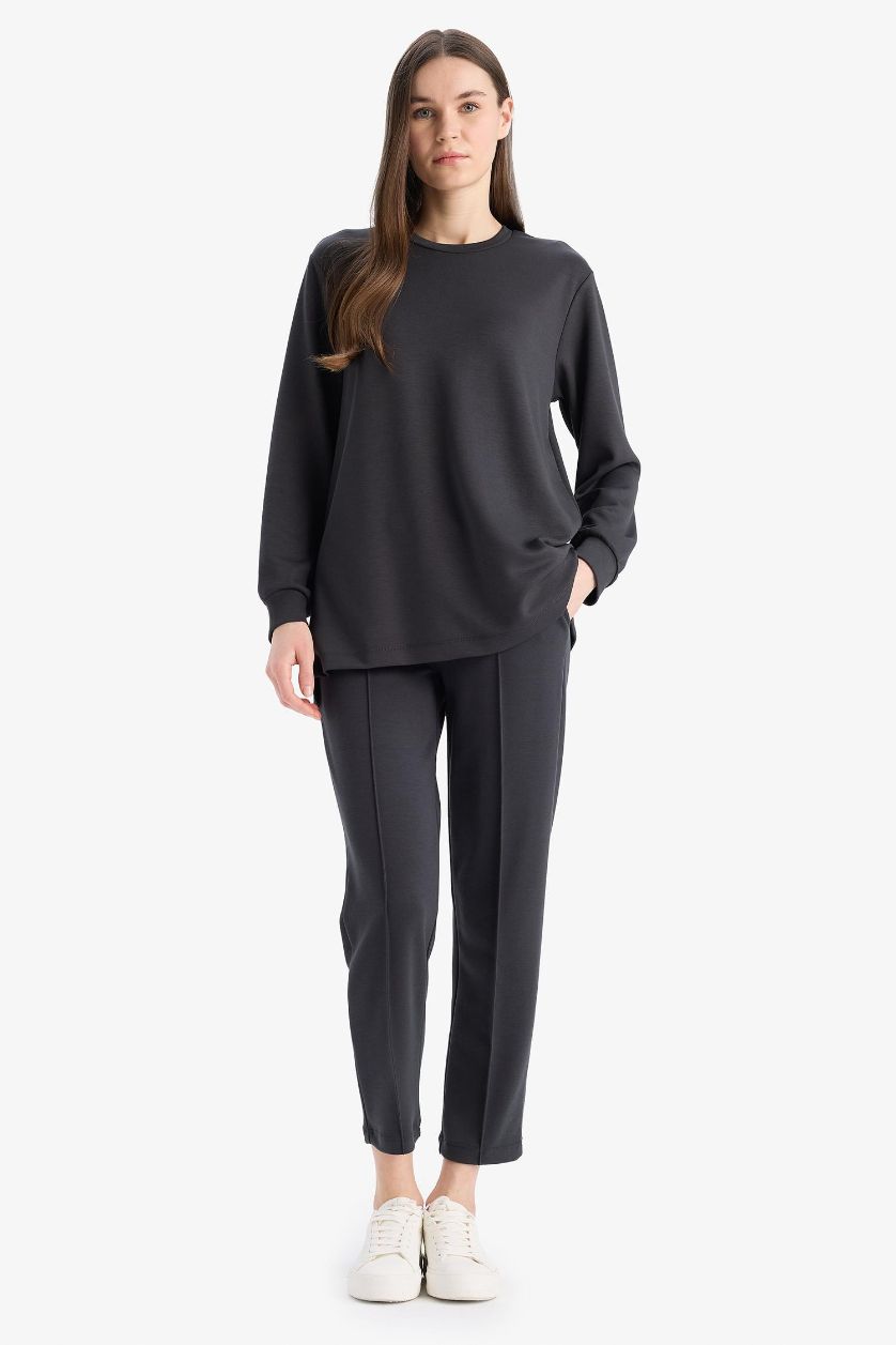 Kadın Antrasit Regular Fit Beli Lastikli Cepli Basic Düz Pantolon