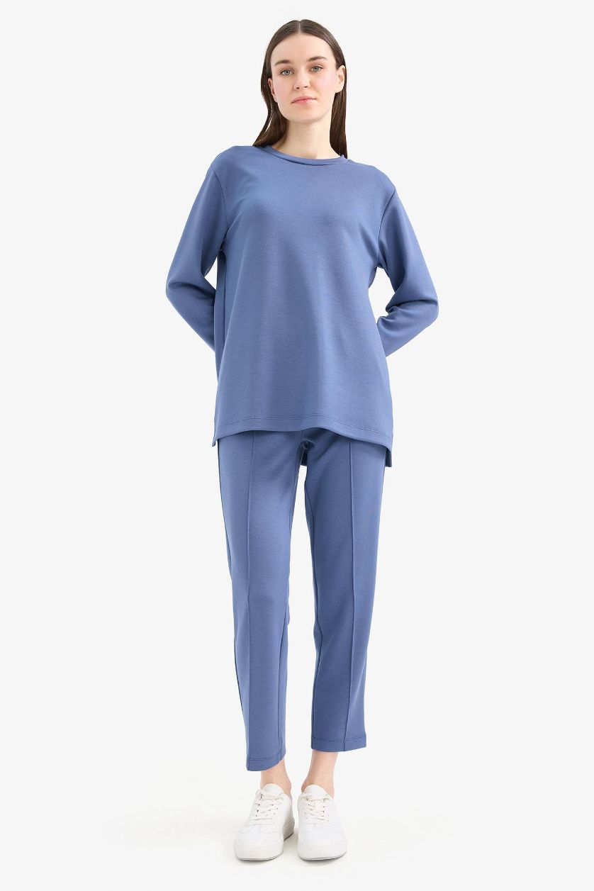 Kadın Açık İndigo Regular Fit Beli Lastikli Cepli Basic Düz Pantolon