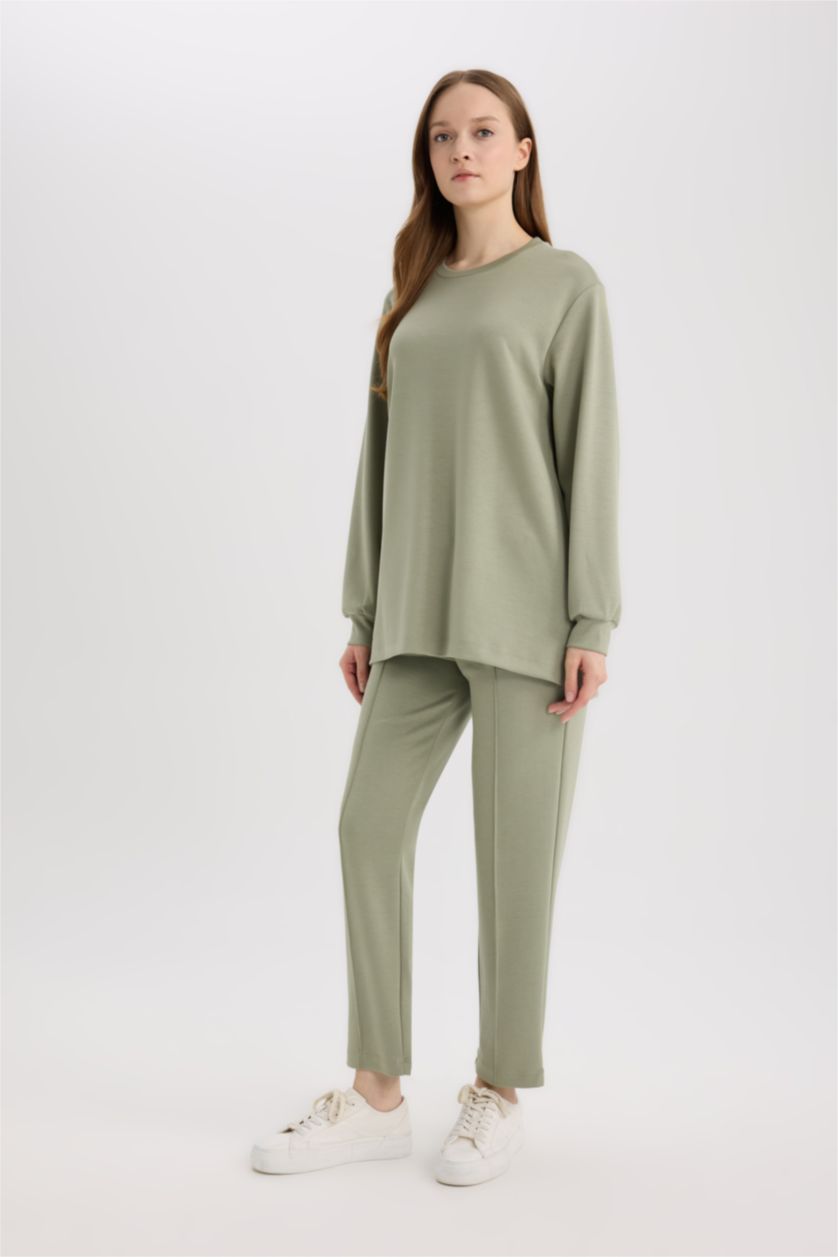 نساء كاكي فاتح Regular Fit Flexible Waist Basic Trousers