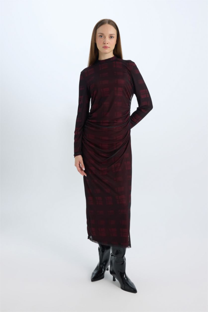 نساء خمري فستان كم طويل مطبوعة ميش قصة عادية