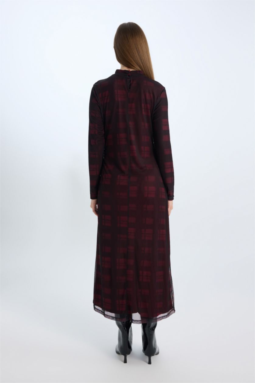 نساء خمري فستان كم طويل مطبوعة ميش قصة عادية