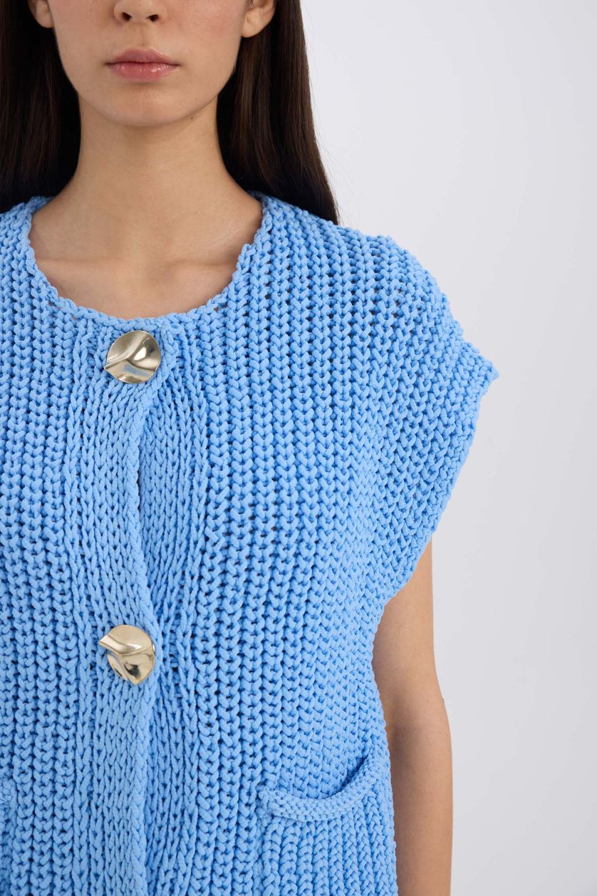 Kadın Mavi Relax Fit Düğmeli Cepli Triko Yelek