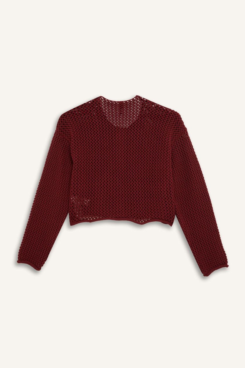 Kadın Koyu Bordo Relax Fit Bisiklet Yaka Düğmeli Örgü Desenli Triko Hırka