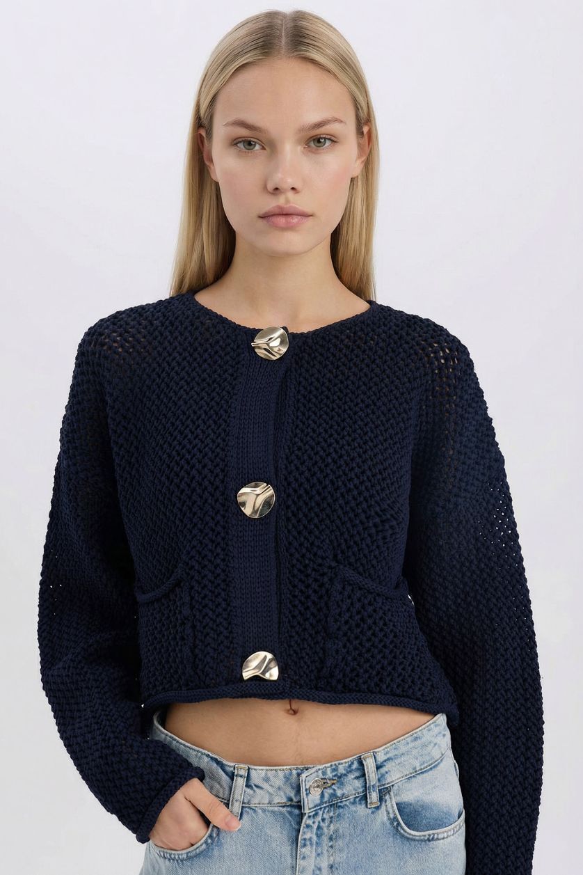 WOMAN NAVY Relax Fit Crew Neck Buttoned Knitted Patterned Knit Cardigan