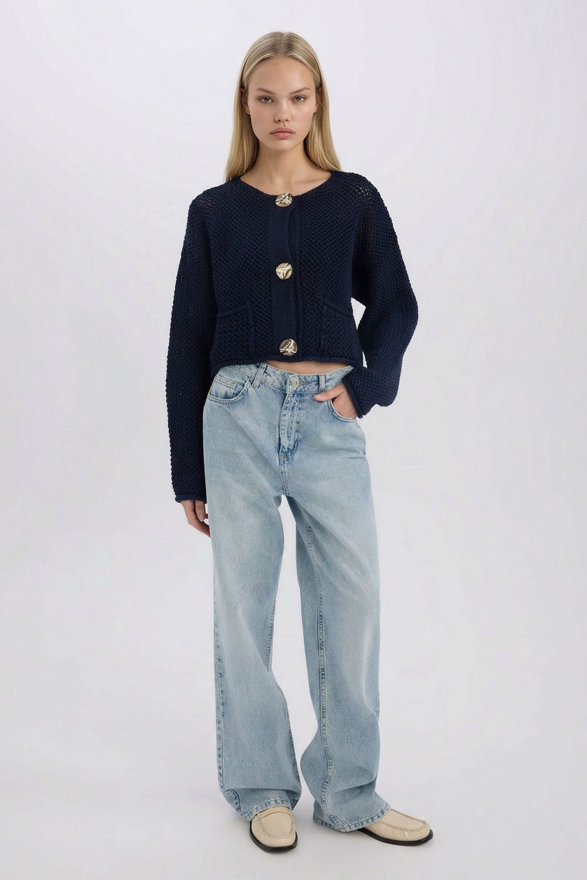 WOMAN NAVY Relax Fit Crew Neck Buttoned Knitted Patterned Knit Cardigan