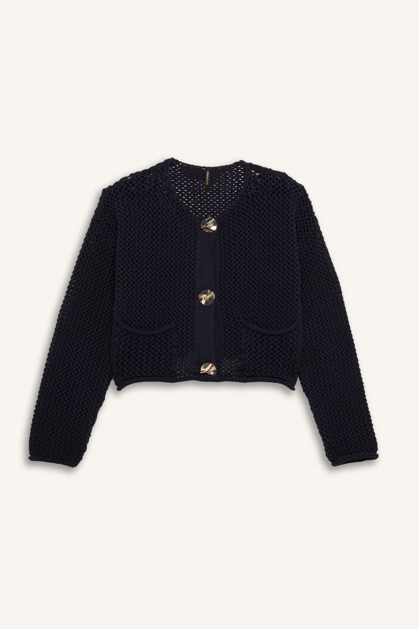 WOMAN NAVY Relax Fit Crew Neck Buttoned Knitted Patterned Knit Cardigan