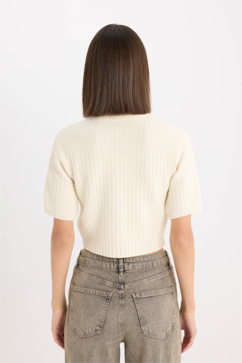 Kadın Ekru Cropped Fit Gömlek Yaka Düğmeli Triko Kısa Kollu Hırka