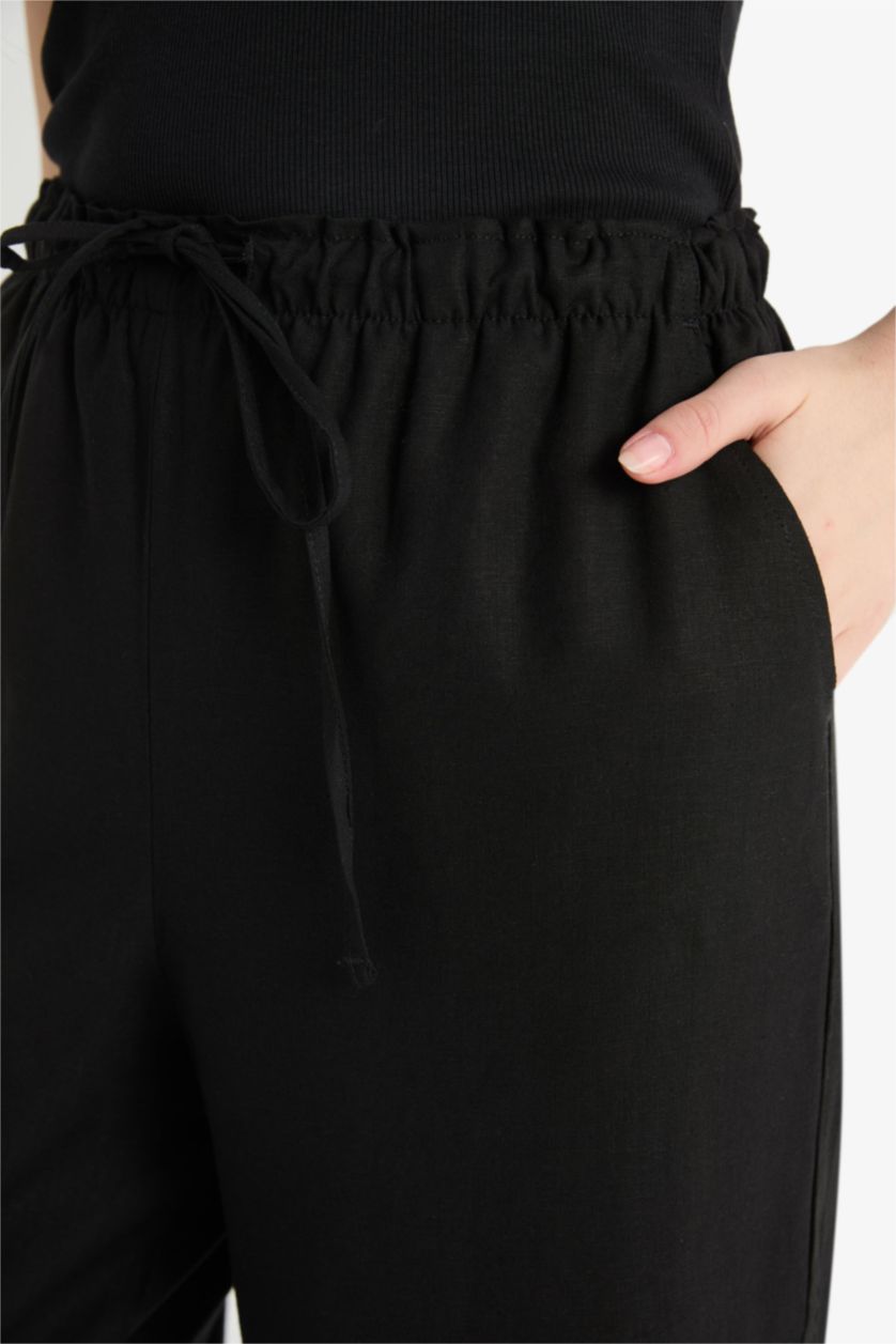 Kadın Siyah Wide Leg Çift Cepli Beli Lastikli Standart Boy Keten Karışımlı Siyah Pantolon