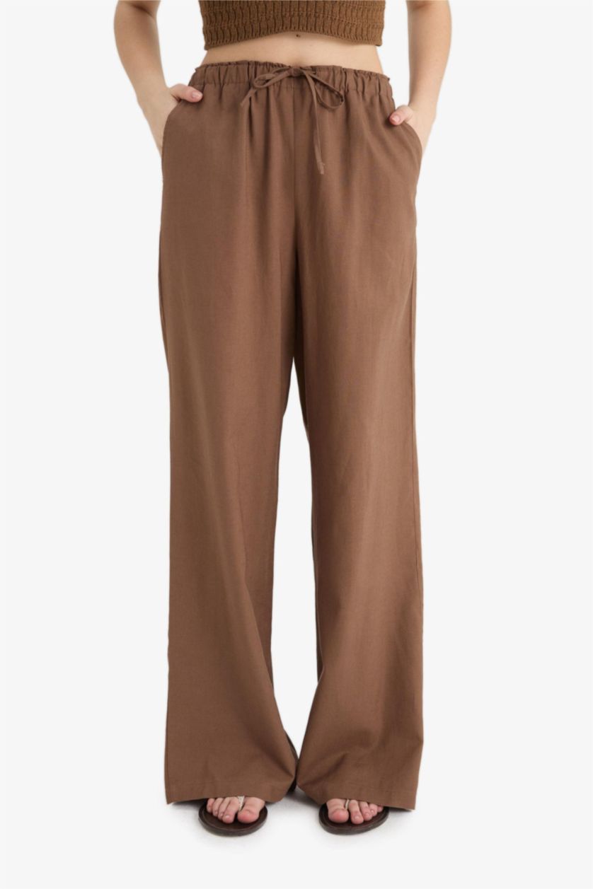 Kadın Kahve Wide Leg Çift Cepli Beli Lastikli Standart Boy Keten Karışımlı Pantolon