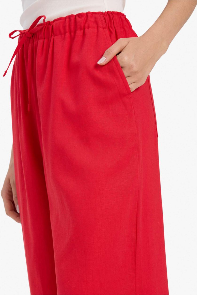 Kadın Kırmızı Wide Leg Çift Cepli Beli Lastikli Standart Boy Keten Karışımlı Pantolon