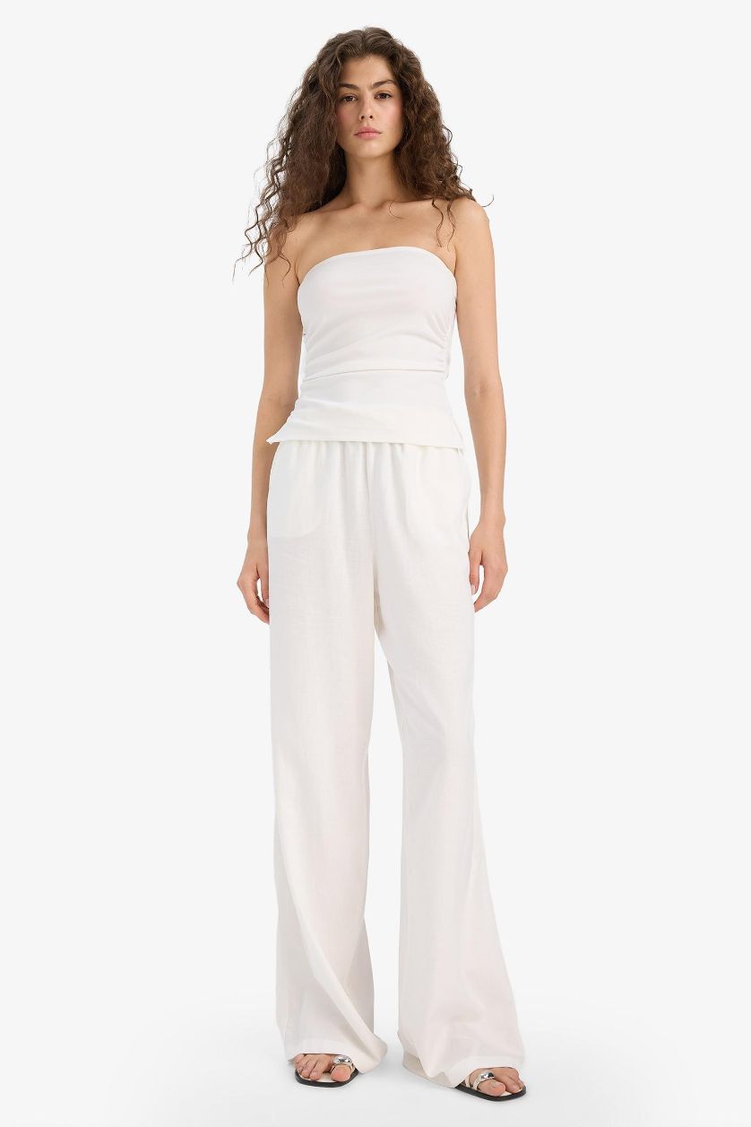 Kadın Kırık Beyaz Wide Leg Çift Cepli Beli Lastikli Standart Boy Keten Karışımlı Beyaz Pantolon