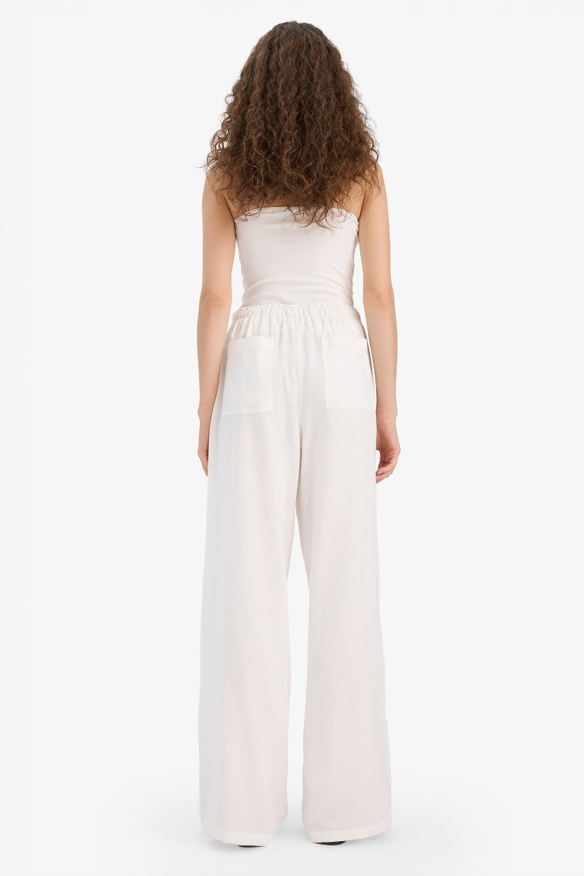 Kadın Kırık Beyaz Wide Leg Çift Cepli Beli Lastikli Standart Boy Keten Karışımlı Beyaz Pantolon