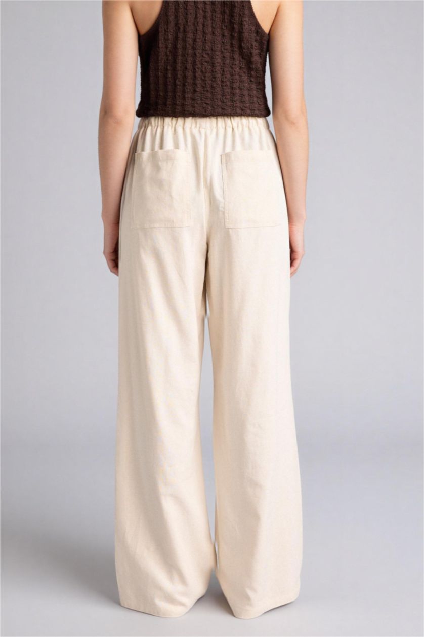 Woman Beige Elastic Waist Linen Blend Wide Leg Trousers