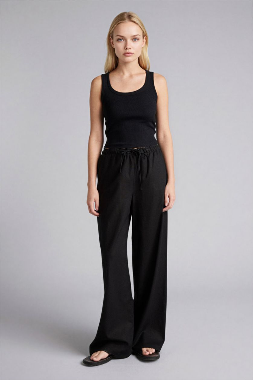 Kadın Siyah Wıde Leg Çift Cepli Beli Lastikli Standart Boy Keten Karışımlı Pantolon