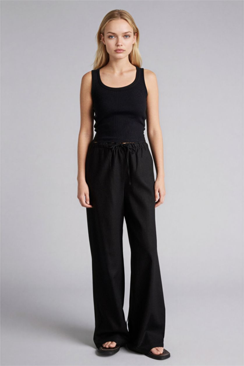 Kadın Siyah Wıde Leg Çift Cepli Beli Lastikli Standart Boy Keten Karışımlı Pantolon