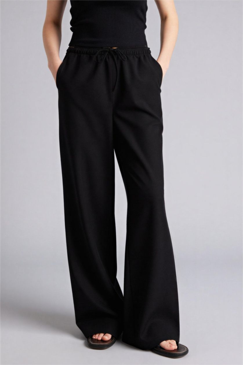 Kadın Siyah Wıde Leg Çift Cepli Beli Lastikli Standart Boy Keten Karışımlı Pantolon