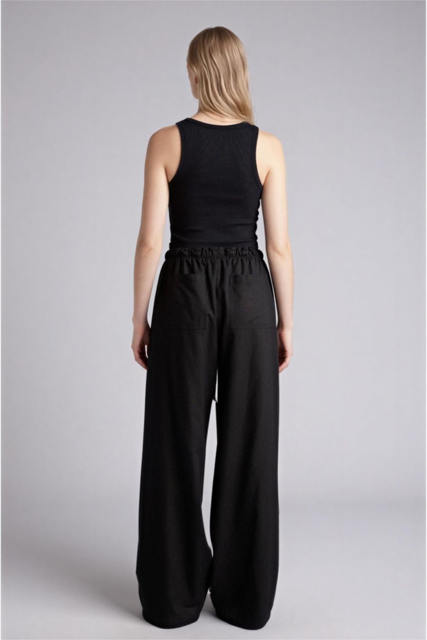 Kadın Siyah Wıde Leg Çift Cepli Beli Lastikli Standart Boy Keten Karışımlı Pantolon