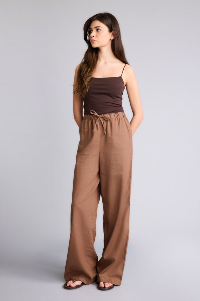 Kadın Kahve Wıde Leg Çift Cepli Beli Lastikli Standart Boy Keten Karışımlı Pantolon