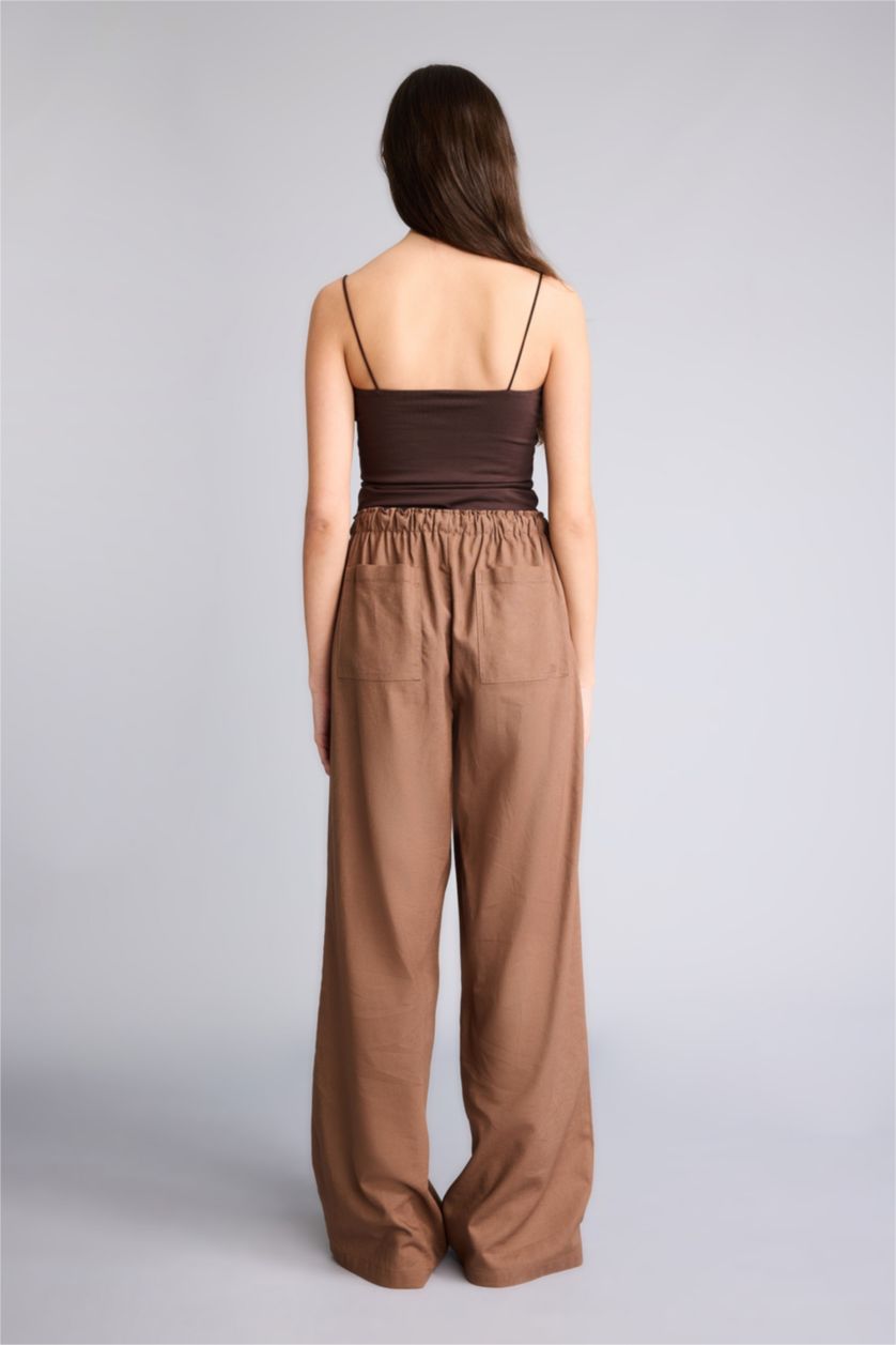 Kadın Kahve Wıde Leg Çift Cepli Beli Lastikli Standart Boy Keten Karışımlı Pantolon