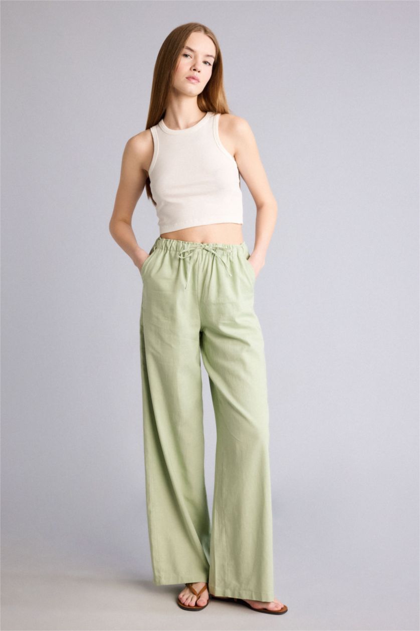Kadın Yeşil Beli Lastikli Wıde Leg Pantolon