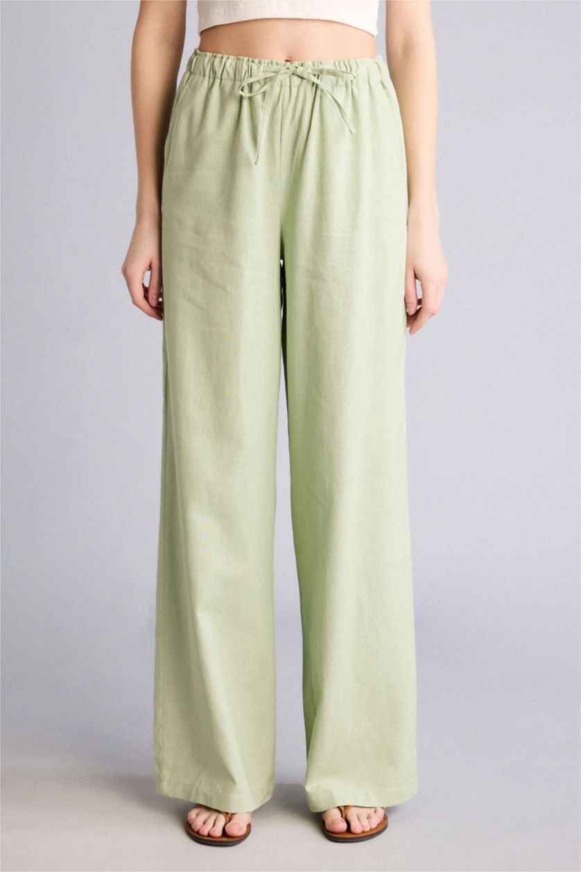 Kadın Yeşil Beli Lastikli Wıde Leg Pantolon