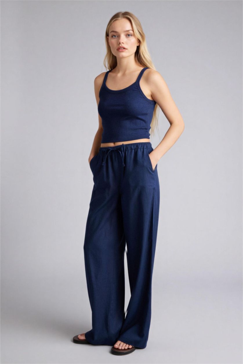 Woman Light Navy Wide Leg Double Pocket Linen Blended Trousers