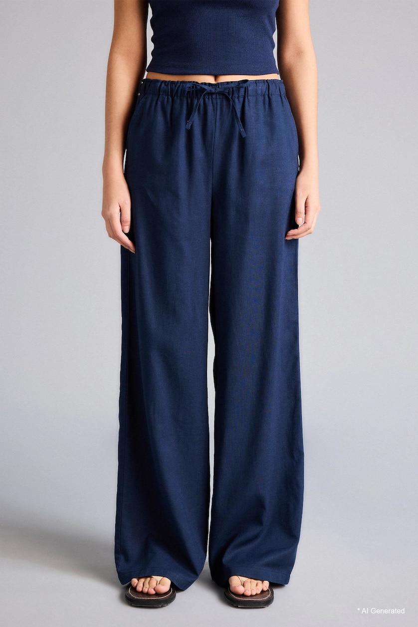 Women Light Navy Elastic Band Wide Leg Trousers