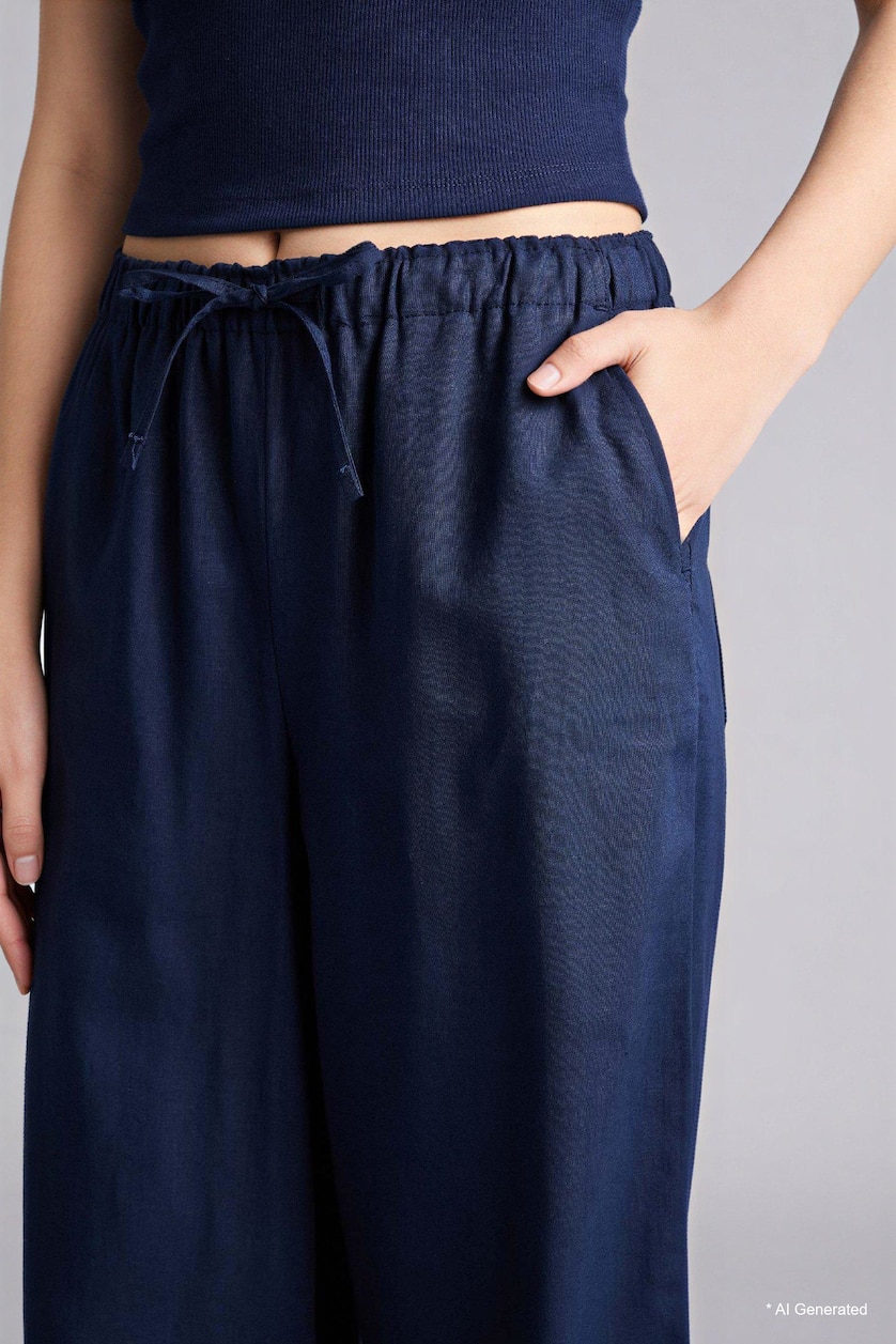 Women Light Navy Elastic Band Wide Leg Trousers