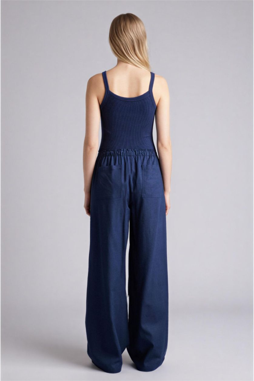 Woman Light Navy Wide Leg Double Pocket Linen Blended Trousers
