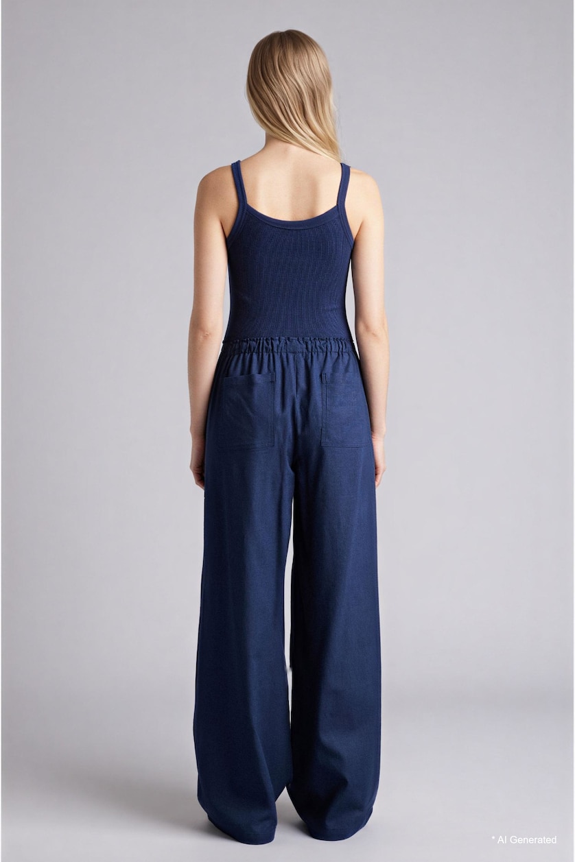 Women Light Navy Elastic Band Wide Leg Trousers