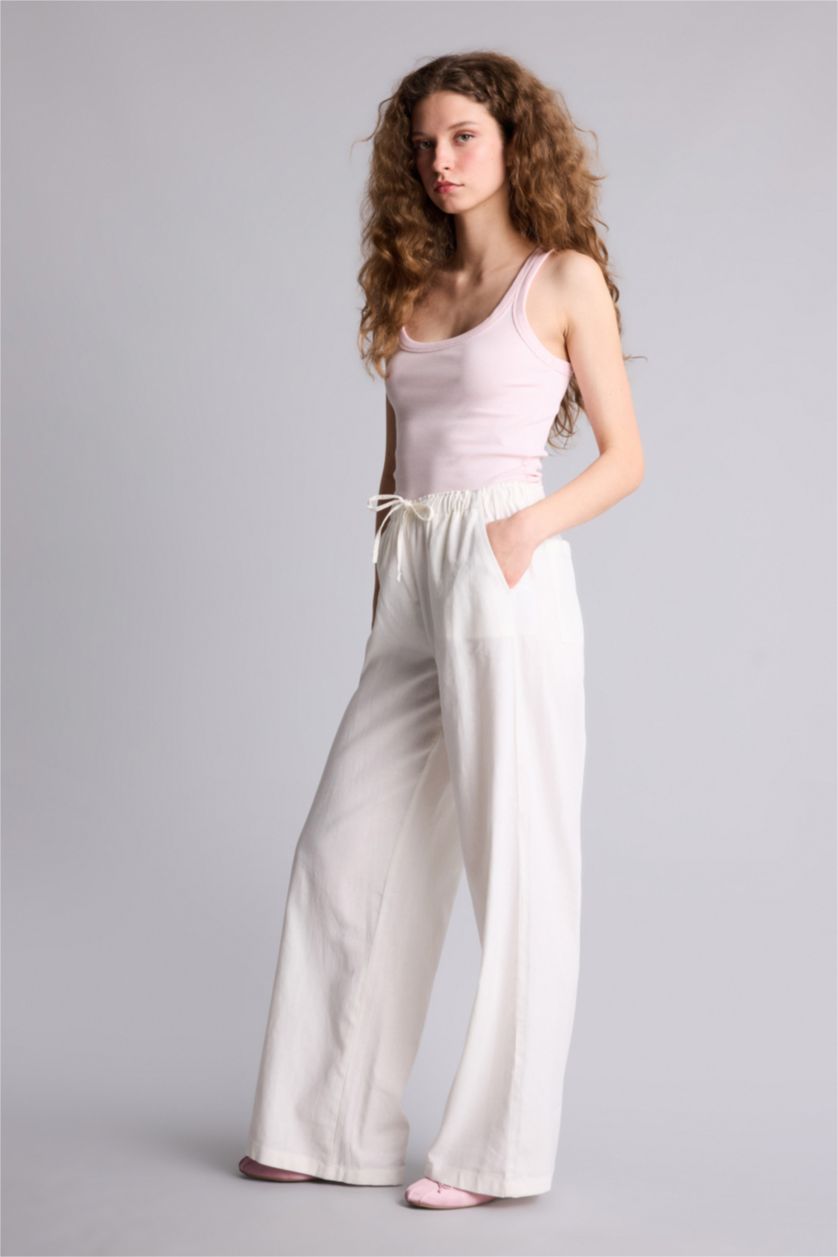 Kadın Kırık Beyaz Wıde Leg Beli Lastikli Keten Karışımlı Pantolon