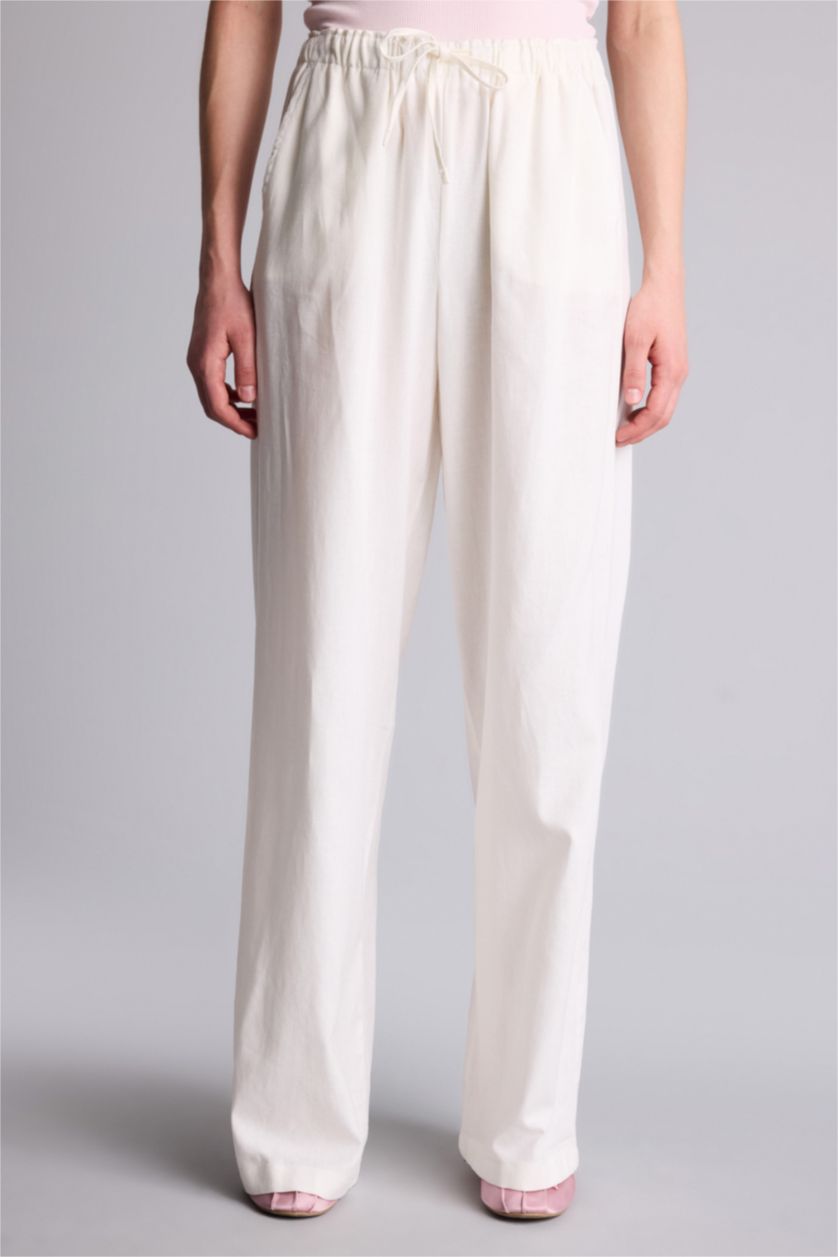 Kadın Kırık Beyaz Wıde Leg Beli Lastikli Keten Karışımlı Pantolon