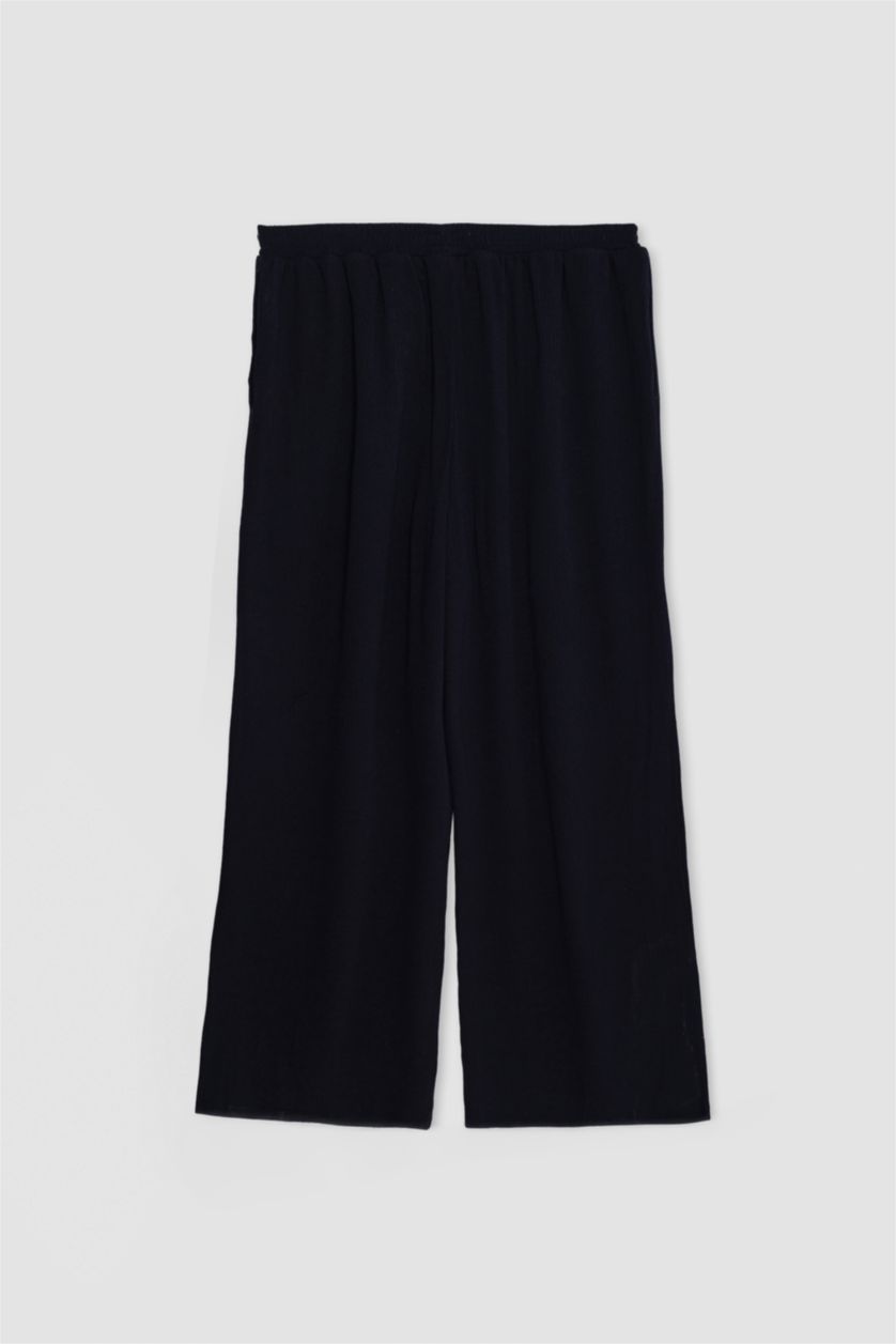 WOMAN Black Wide Leg Double Pocket Crinkle Viscose Trousers