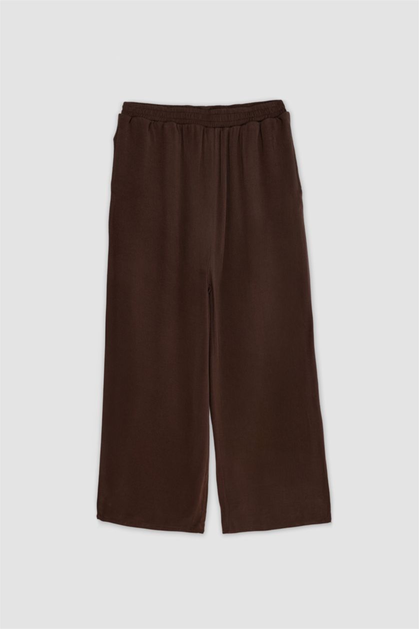 WOMAN Brown Wide Leg Double Pocket Crinkle Viscose Trousers