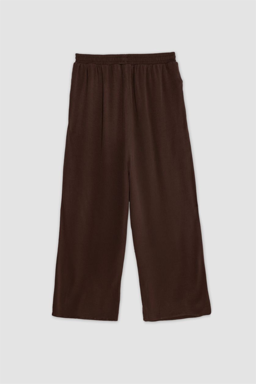 WOMAN Brown Wide Leg Double Pocket Crinkle Viscose Trousers