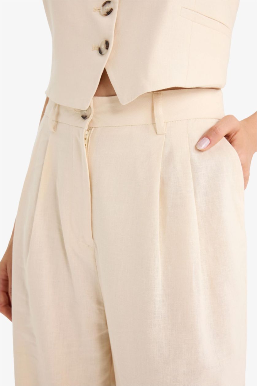 Kadın Bej Wide Leg Çift Cepli Yüksek Bel Standart Boy Keten Karışımlı Pantolon