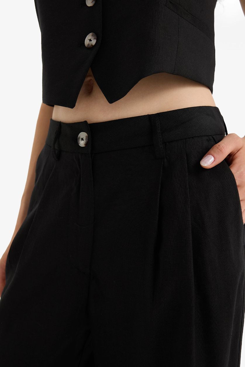 Kadın Siyah Wide Leg Çift Cepli Yüksek Bel Standart Boy Keten Karışımlı Pantolon