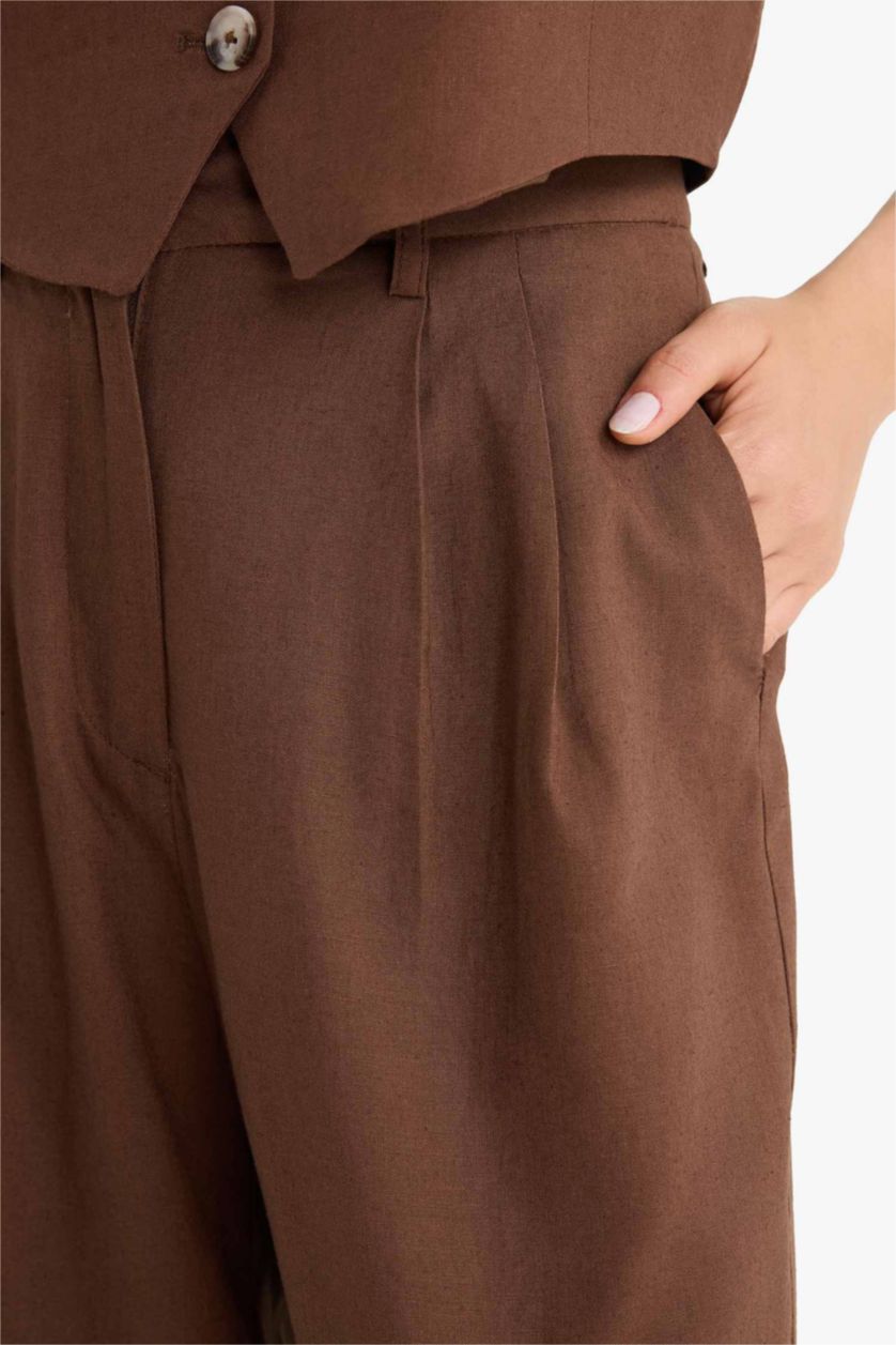 Kadın Kahve Wıde Leg Çift Cepli Yüksek Bel Standart Boy Keten Karışımlı Pantolon