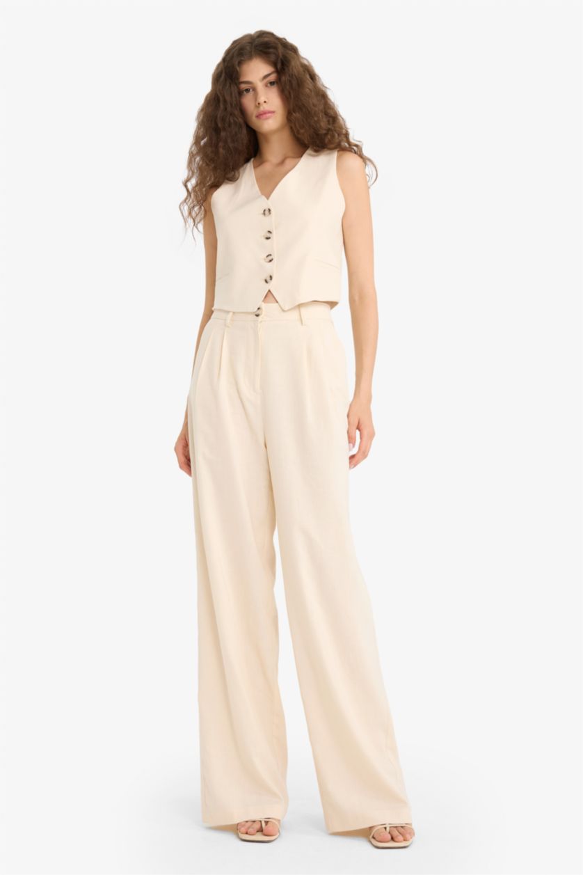 WOMAN Beige High Waist Standard Length Linen Blend Wide Leg Trousers