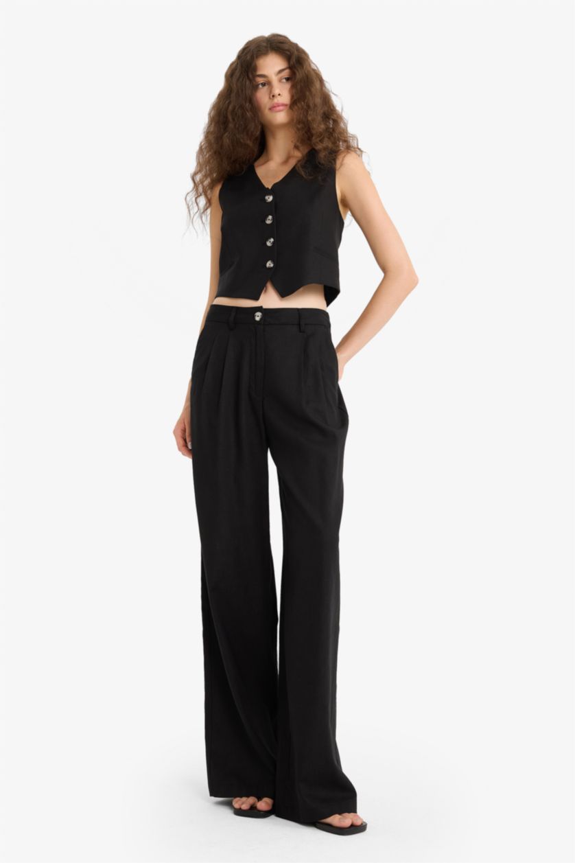 WOMAN Black High Waist Linen Blend Wide Leg Trousers