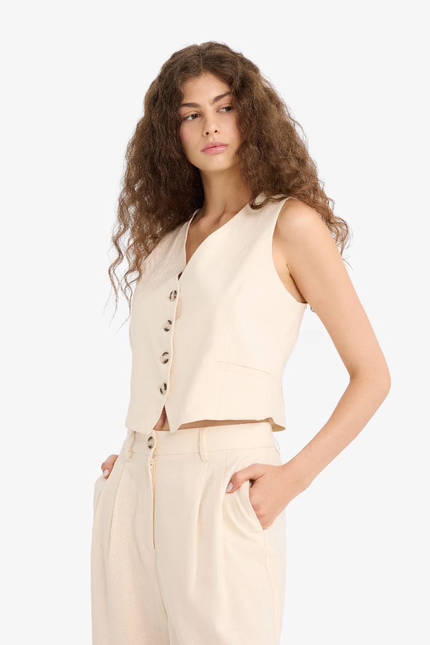 Kadın Bej V Yaka Keten Karışımlı Blazer Yelek