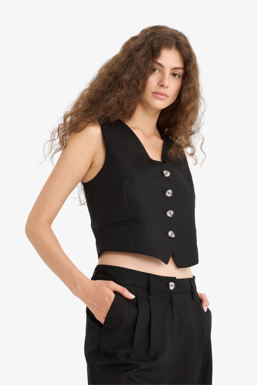 Kadın Siyah V Yaka Keten Karışımlı Blazer Yelek