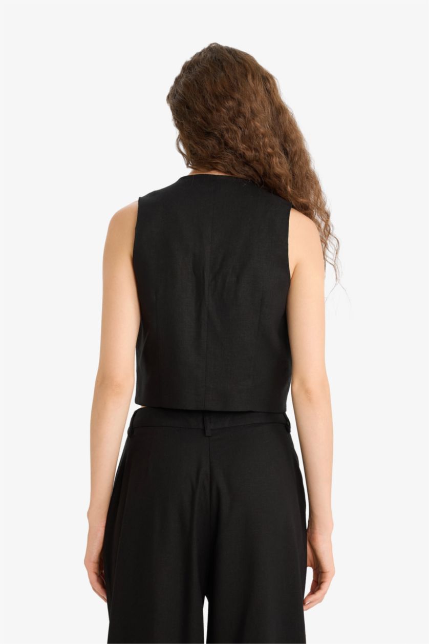 Kadın Siyah V Yaka Keten Karışımlı Blazer Yelek