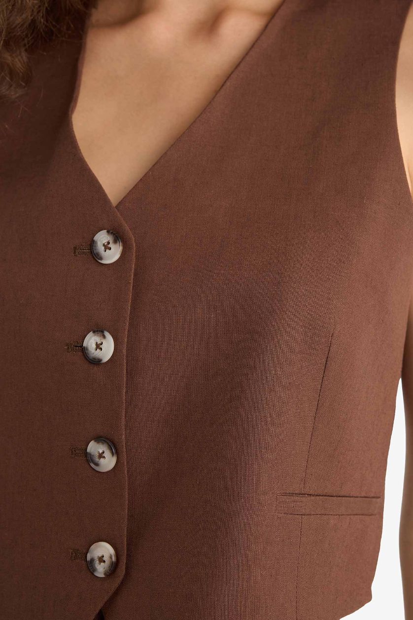 Kadın Kahve V Yaka Keten Karışımlı Blazer Yelek