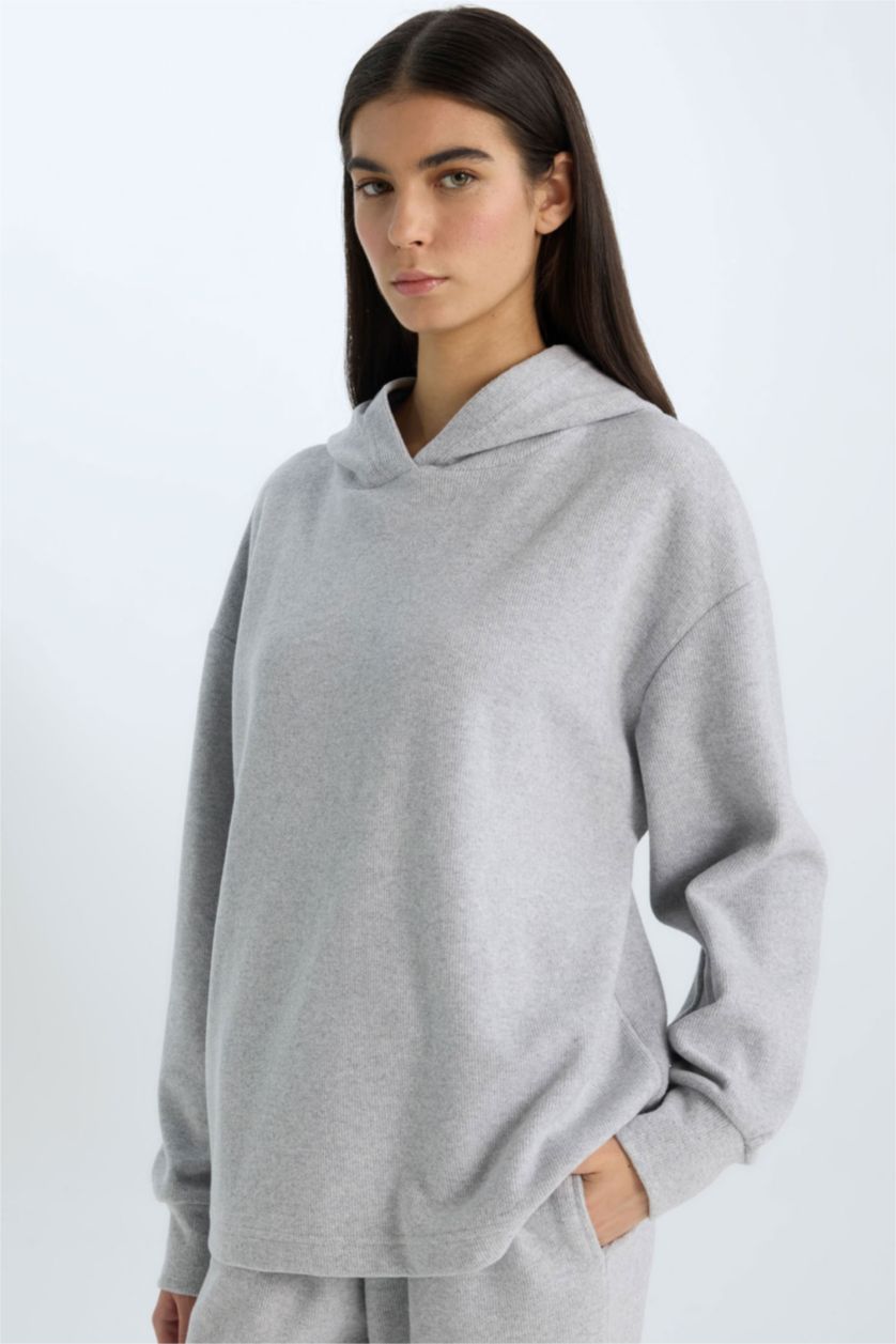 WOMAN Grey Melange Relax Fit Hooded Casual Basic Sweatshirt