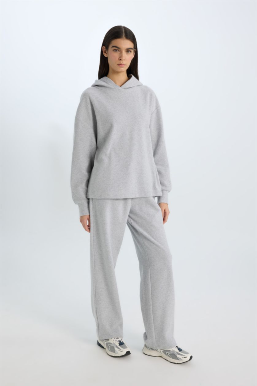 WOMAN Grey Melange Relax Fit Hooded Casual Basic Sweatshirt