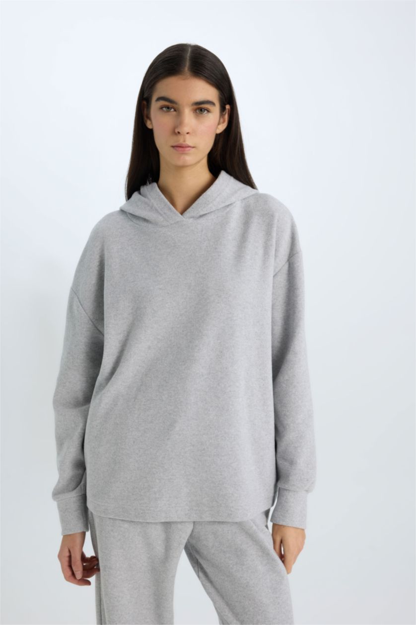 WOMAN Grey Melange Relax Fit Hooded Casual Basic Sweatshirt