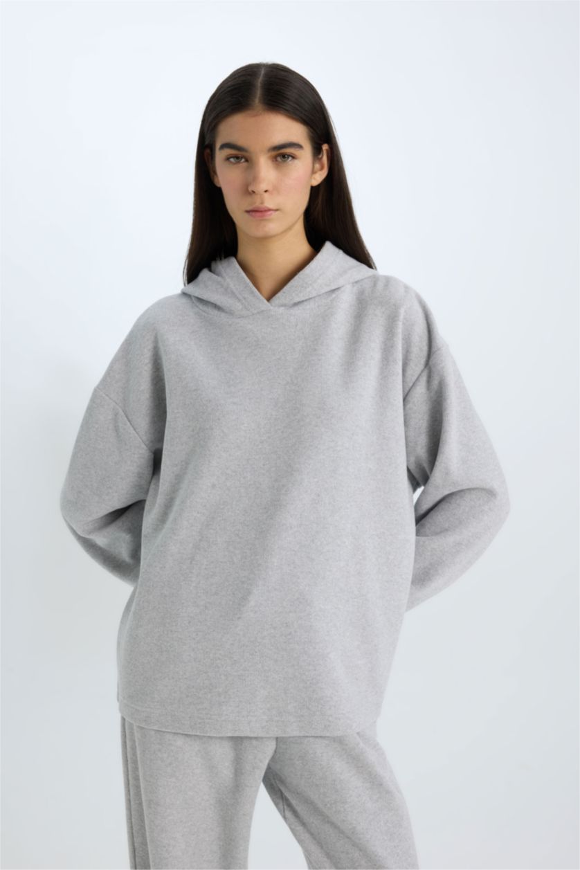 WOMAN Grey Melange Relax Fit Hooded Casual Basic Sweatshirt
