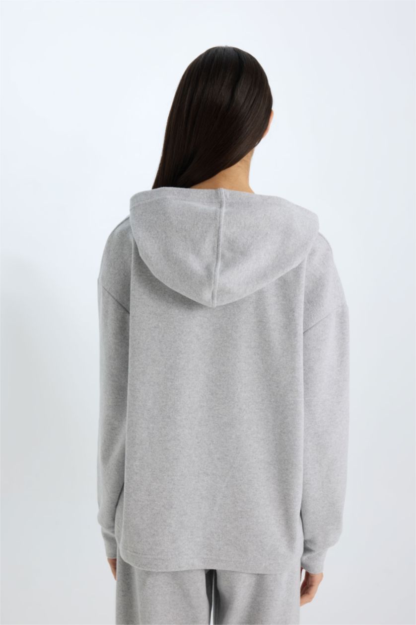 WOMAN Grey Melange Relax Fit Hooded Casual Basic Sweatshirt